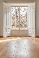 Fototapeta premium Bright and airy room with an open window overlooking a serene landscape in early spring