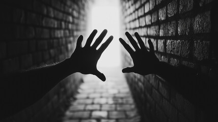 A struggle for light hands reaching towards hope in a dimly lit passageway symbolizing the quest for freedom and connection