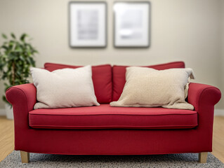 Comfortable red couch with decorative pillows in a modern living room setting