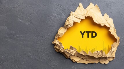 A torn paper effect reveals "YTD" on a vibrant yellow background, set against a textured gray surface, suggesting a focus on yearly progress or achievements.