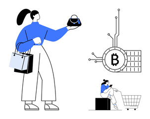A woman shopping with cryptocurrency on her phone and holding a purse next to a shopping cart, Bitcoin symbol, and bags. Ideal for e-commerce, cryptocurrency, digital buying, online transactions