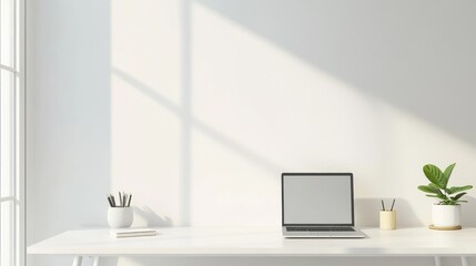 Fototapeta premium Minimalist Home Office Workspace with Laptop and Potted Plant