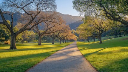 Obraz premium Sunny Autumn Path Through Green Trees and Rolling Hills