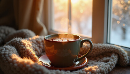 Steaming cup of tea on cozy blanket by window at sunrise