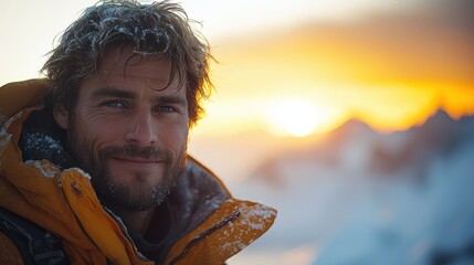 A man stands in a heavy winter coat, smiling brightly as dawn breaks over snow-covered peaks. The sun casts a warm glow on the sparkling snow, creating a breathtaking panorama.
