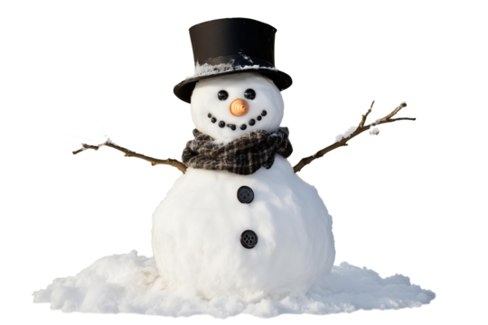 happy traditional christmas or new year snowman isolated on white background , png style