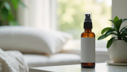  Brown amber spray bottle on nightstand in soft natural light