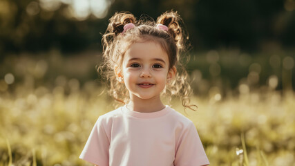happy little 5 years old girl, , wearing a pink t-shirt , and having brown eyes, curly light brown hair with a two ponytails with pink pows. 