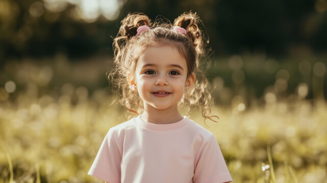 happy little 5 years old girl, , wearing a pink t-shirt , and having brown eyes, curly light brown hair with a two ponytails with pink pows. 