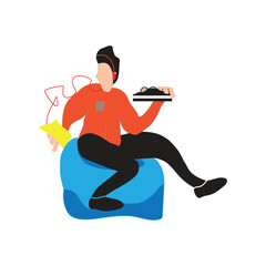 flat people character at home listening to music and eating cake