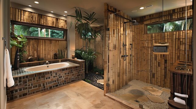 Tropical themed bathroom with bamboo decor
