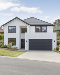 Modern two-story white house with large windows and a driveway in a suburban neighborhood