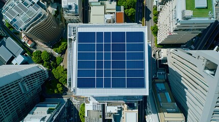 Aerial view of solar panel installations on urban rooftops renewable energy high detail clean sharp focus ultra HD photography