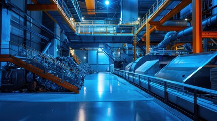 Industrial Interior with Conveyor Belts and Blue Lighting