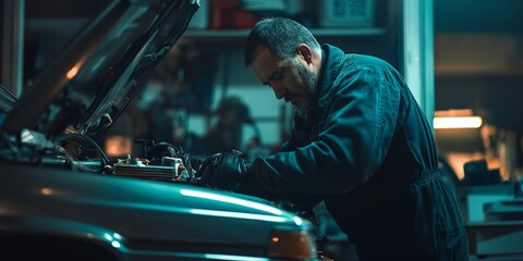 A mechanic working on a vehicle in a garage promoting professional vehicle maintenance services for long-term car care