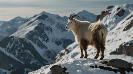 Naklejka premium A solitary mountain goat stands on a snowy cliff embodying resilience in a stark.generative.ai