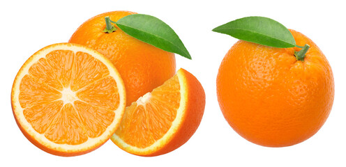 Orange fruit with leaves, half and slices isolated, transparent PNG, collection, PNG format, cut out