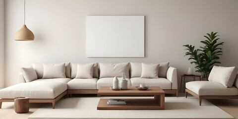 A minimalist living room with a large beige sectional sofa, a wooden coffee table, and a blank canvas on the wall.