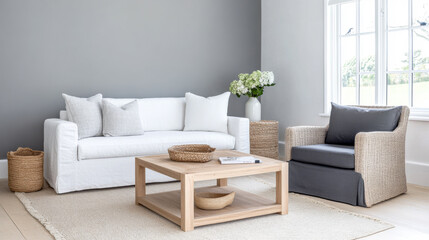 Fototapeta premium Bright and airy living room with a white sofa and natural decor in a modern home setting