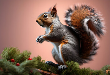 Obraz premium A squirrel robot sits on an artificial tree in a studio. Lights illuminate the details of its movable tail and legs.