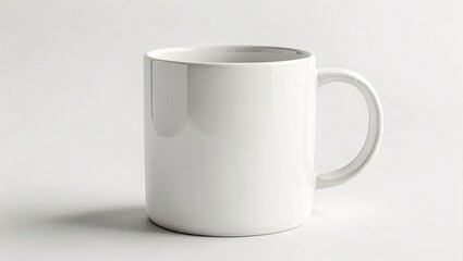 Obraz premium Sleek White Mug with Simple Handle, Photographed on a Clean White Background, Representing Everyday Comfort, Minimalism, and a Refreshing Simplicity in Design for Versatile Themes