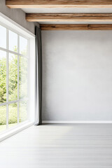 Fototapeta premium Bright minimalist interior with large window and wooden beams in a modern home