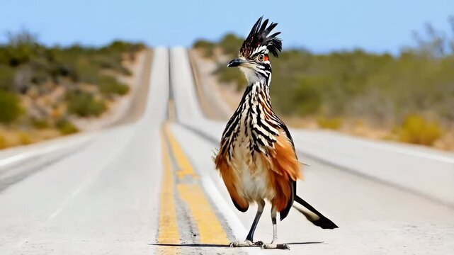 A roadrunner bird standing on the road