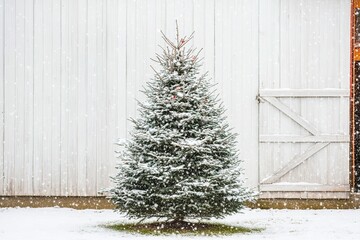 Snow-covered fir tree near white wooden wall