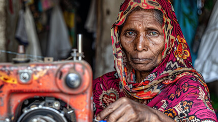 Obraz premium Elderly South Asian woman sewing with a traditional colorful scarf, working on an old sewing machine in a rural setting.