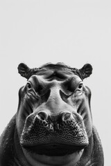 Fototapeta premium Close-up of a majestic hippos face in monochrome, showcasing its expressive features and textured skin against a minimalist background.