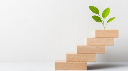 Minimalistic wooden staircase with a green plant at the top, illustrating career advancement and new opportunities, Professional Development, Growth Pathway