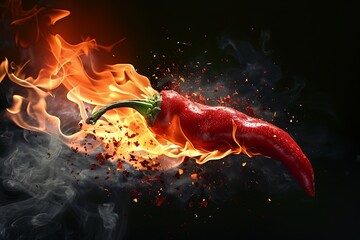 Hot red chili pepper in fire flames on black background