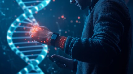 Futuristic Technology: Person Interacting with Holographic DNA Display