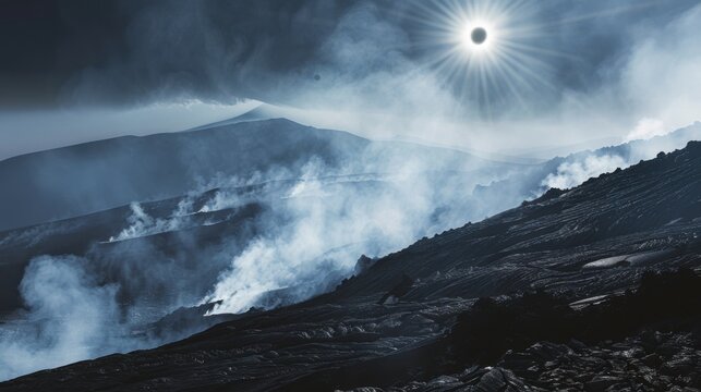 A captivating shot of a high-altitude volcanic ridge with active fumaroles and a rare, vibrant solar eclipse casting dramatic shadows over the volcanic landscape, Volcanic ridge scene
