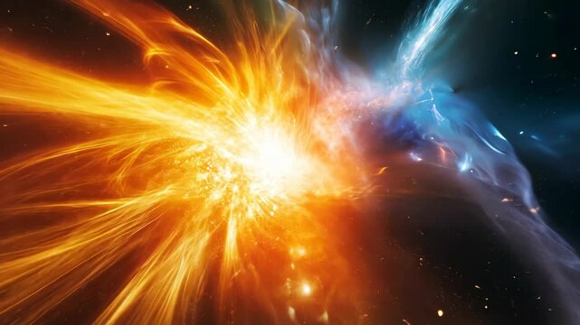 A bright orange and yellow star explodes in a massive supernova, sending out shockwaves and light across the dark space