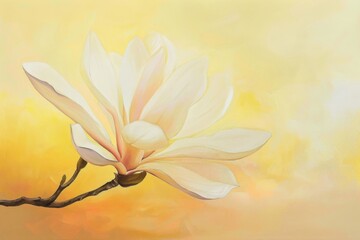 Obraz premium Delicate white magnolia bloom on a branch, illuminated by a warm golden background, perfect for nature-themed designs and serene floral aesthetics.