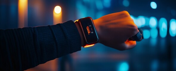 Smartwatch with Digital Display Amid Vibrant Digital Science Fiction Technology Theme