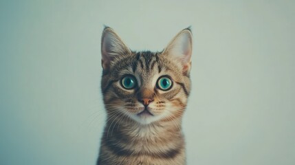 Obraz premium A shorthair cat looking directly at the camera with vibrant eyes, centered against a clean, light backdrop. Space available for text or marketing use.