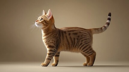 Naklejka premium A shorthair cat standing confidently in profile, its sleek fur in sharp focus against a neutral backdrop, ready for use in pet-related promotions.