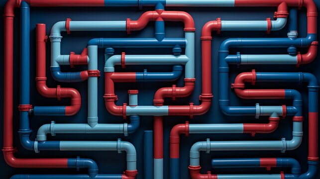 Colorful arrangement of PVC pipes on a wall for plumbing purposes in a workshop