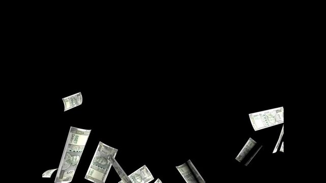 500 Indian rupee notes flying in different angles and orientations isolated on black background