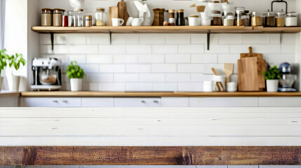 Blurred interior of stylish modern kitchen with massive straight white table for display.