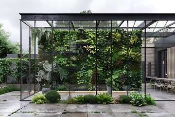 Obraz premium Modern greenhouse with plants and flowers in the garden on a summer evening