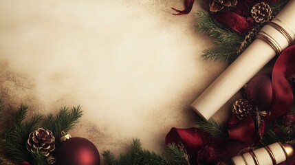 Festive christmas background with scrolls and ornaments on vintage paper texture