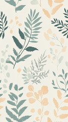 Fototapeta premium Delicate pastel leaves create seamless pattern, evoking serene and calming atmosphere. This design features various botanical elements in soft hues, perfect for home decor