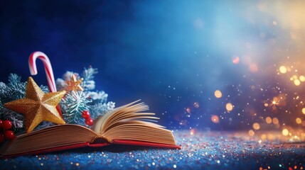 Naklejka premium Festive magic: open book with holiday decorations and sparkling lights