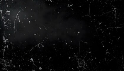Fototapeta premium Black scratched grunge background, old film effect, space for text. Texture of old surface on black background with white scratches. Dark scratched grunge background, old film effect