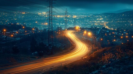 Fototapeta na wymiar Power lines and roads cutting across a rural landscape vibrant lighting high detail clean sharp focus ultra HD photography