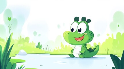 Obraz premium Cute Cartoon Alligator in a Green Meadow by the Pond