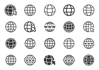 Globe icon set. Go to web symbol icon. Collection www symbol, Web icon, website, homepage icon set, earth clip art, globe symbol. Globe with arrow. Editable stroke. Vector illustration.